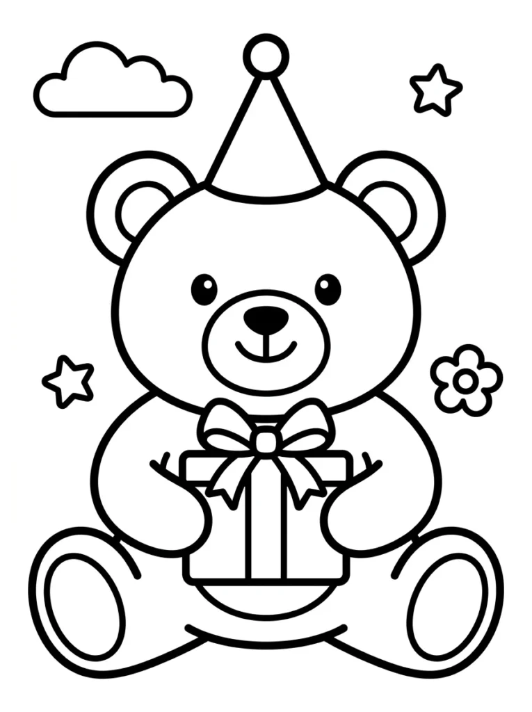 Birthday Teddy Bear Coloring Page