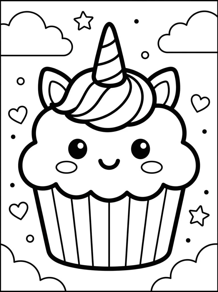 Cute Unicorn Cupcake Coloring Sheet