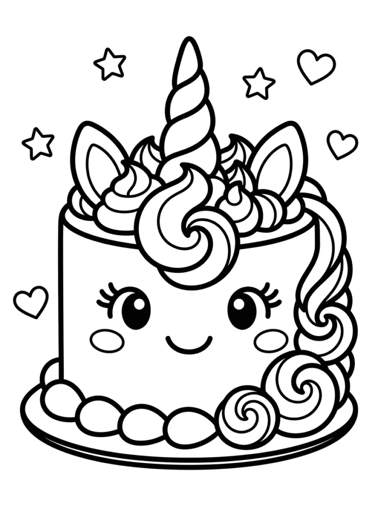 Unicorn Birthday Cake Coloring Page
