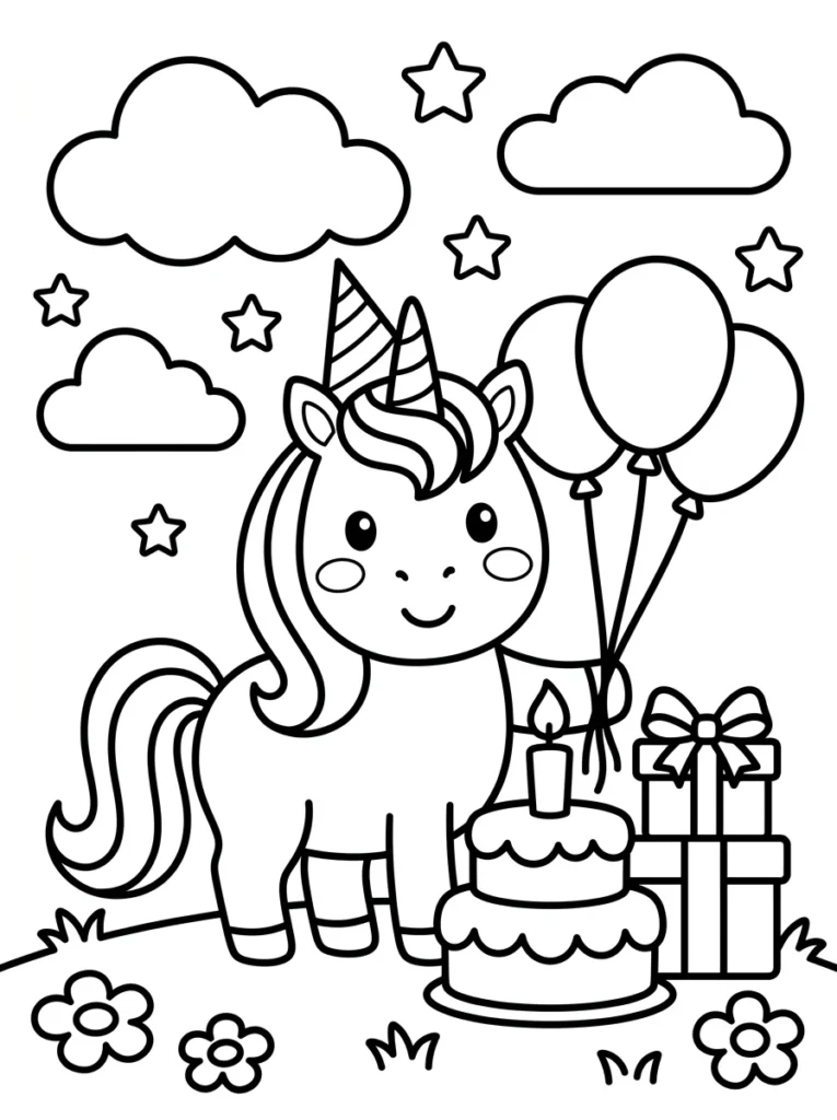 Unicorn Birthday Party Coloring Page
