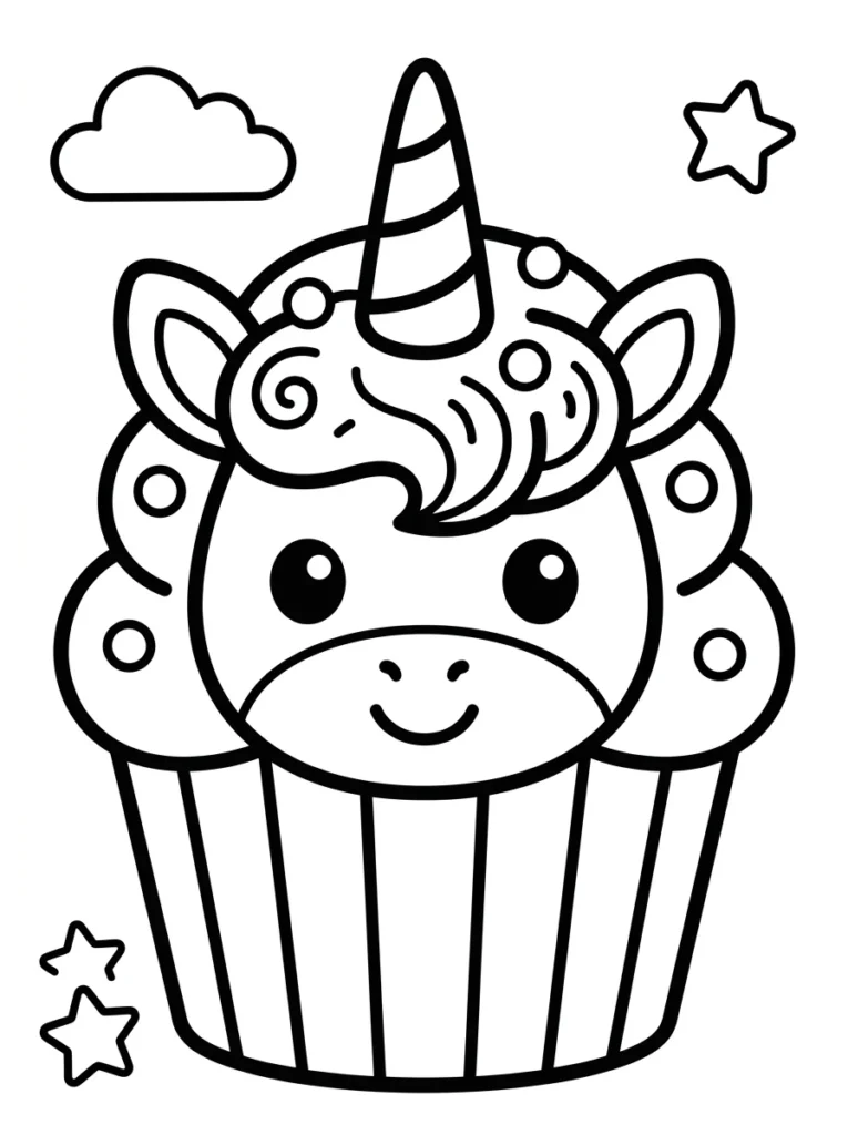 Unicorn Cake Cupcake Coloring Pages for Kindergarten