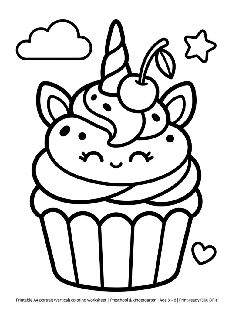 Unicorn Cupcake with Cherry Coloring Page