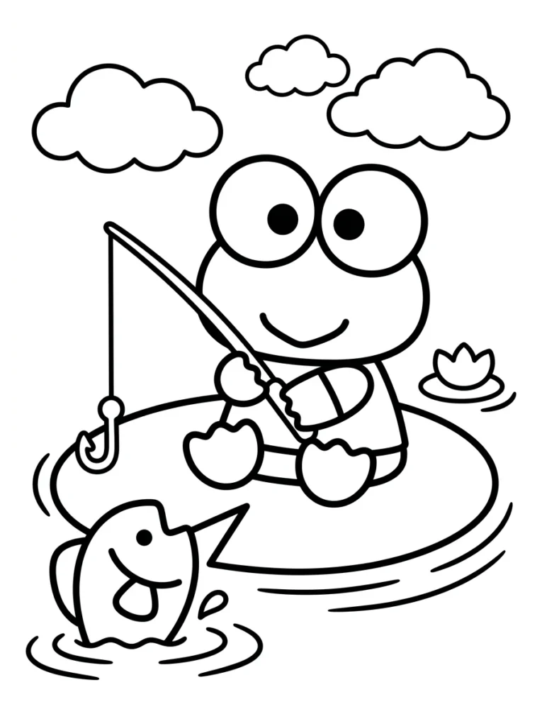 Keroppi Fishing and Lily Pad Coloring Pages
