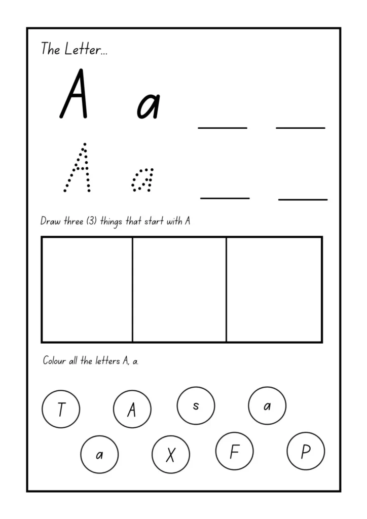 Letter A Trace, Color, and Draw Worksheets