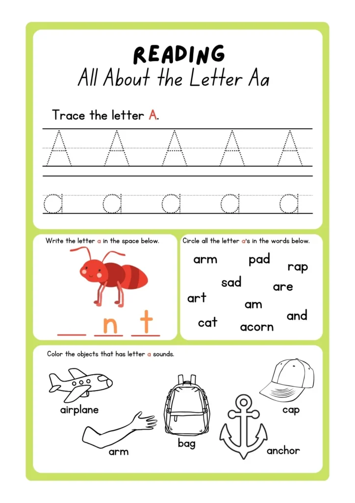 Letter A Tracing and Recognition Worksheets