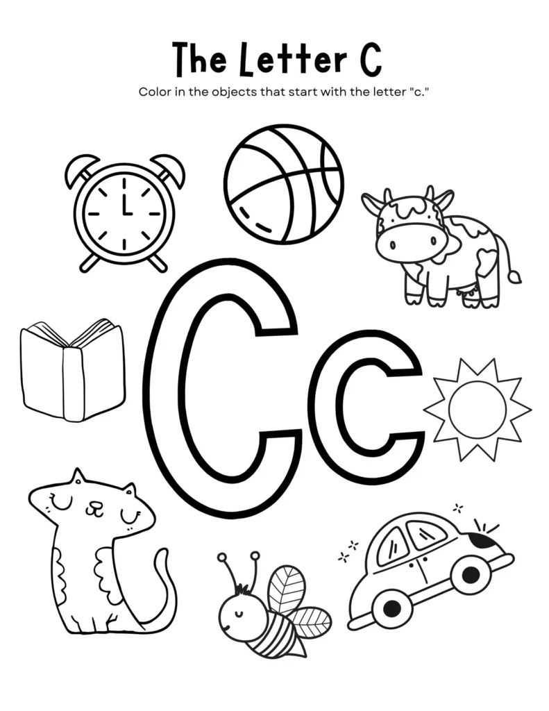Letter C Coloring and Beginning Sound Worksheet