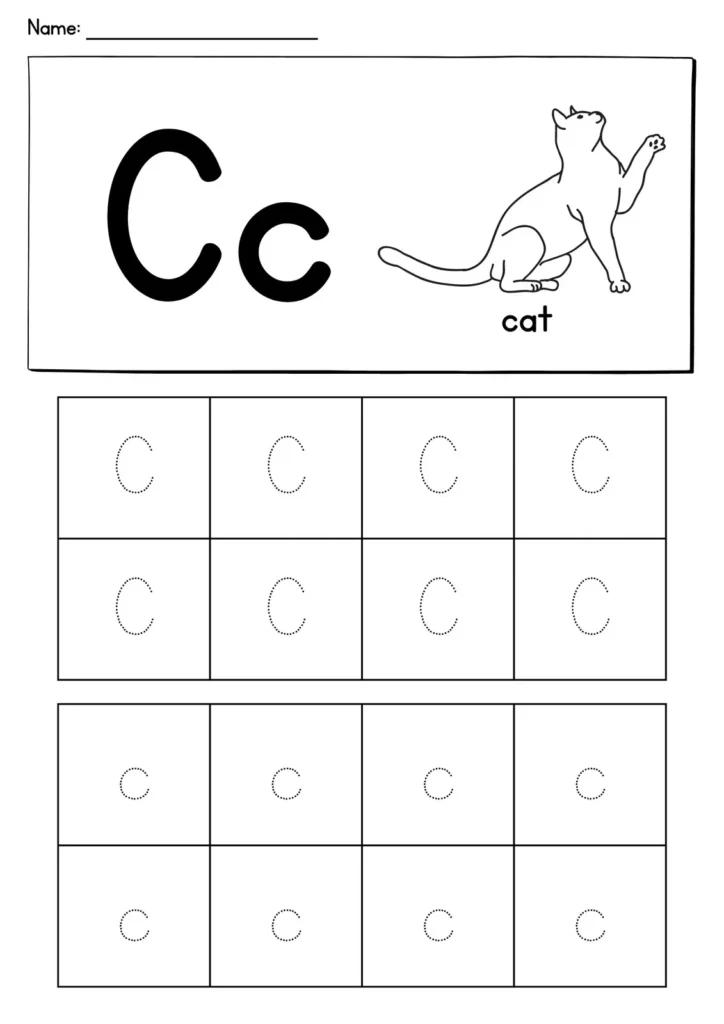Letter C Tracing Grid Worksheet with Cat
