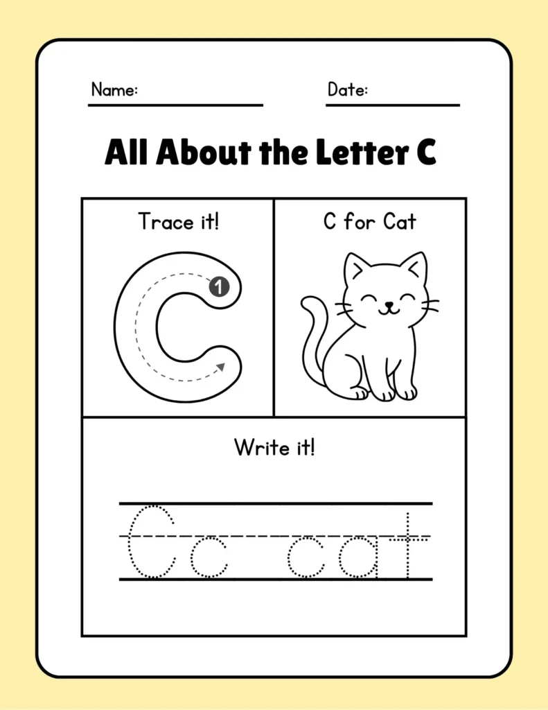 Letter C for Cat Tracing Worksheet