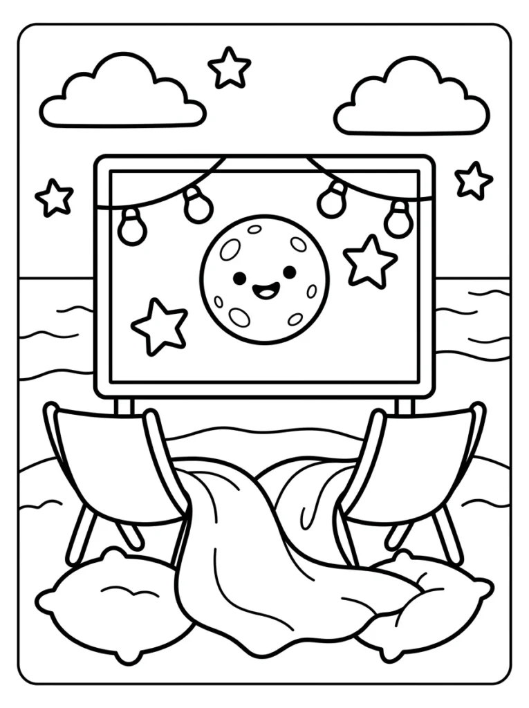 Seaside Cinema Cozy Coloring Page